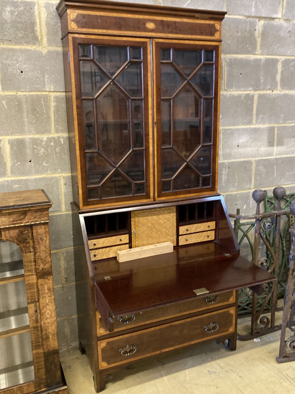 An Edwardian satinwood banded and inlaid mahogany bureau bookcase, width 92cm, depth 44cm, height 202cm